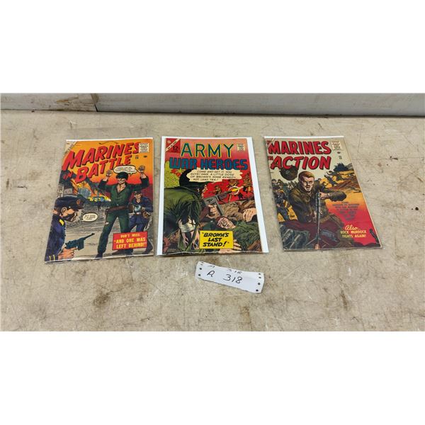 Vintage War Comic Books: Marines in Battle No. 20, Army War Heroes, and Marines in Action No. 12