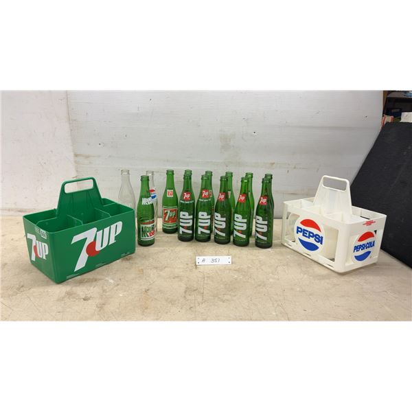 Vintage 7UP and Pepsi Plastic Bottle Carriers with 7UP, Coca-Cola, Mountain Dew Bottles
