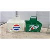 Image 2 : Vintage 7UP and Pepsi Plastic Bottle Carriers with 7UP, Coca-Cola, Mountain Dew Bottles