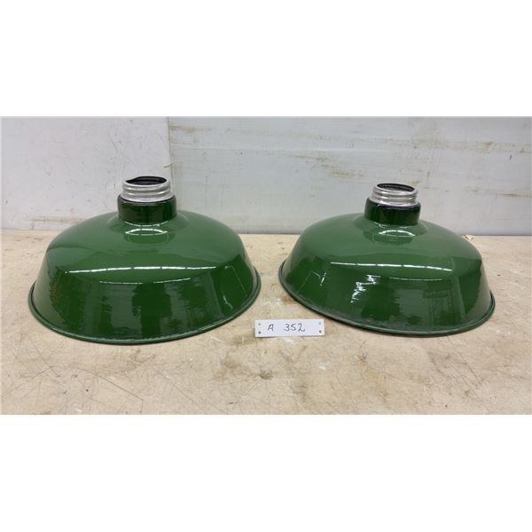 Pair of Vintage Industrial Green Porcelain Enamel Dome Light Shades, 16”