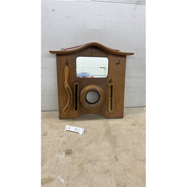 Vintage Wooden Wall-Mounted Grooming Station with Mirror, Hooks and Three Brushes, 18 1/2 × 19”