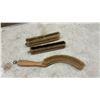 Image 2 : Vintage Wooden Wall-Mounted Grooming Station with Mirror, Hooks and Three Brushes, 18 1/2 × 19”