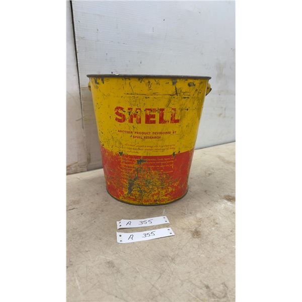 Vintage Shell Research Metal Advertising Oil Bucket with Wire Handle, Yellow and Red