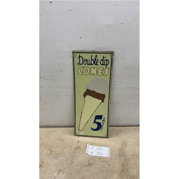"Double-Dip Cones 5¢" Vintage-Style Tin Advertising Sign with Ice Cream Cone Graphic, 17 × 7”