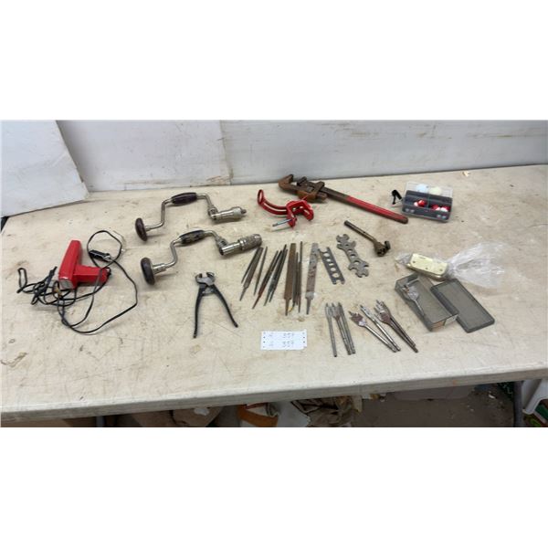 Vintage Hand Brace Drills, Ridgid Pipe Wrench, Clamp, Vision-Aire 12V Defroster