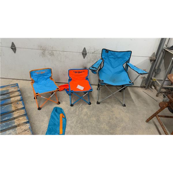 Three Folding Camping Chairs: Two "Tot Spot" Child-Size and One Blue Adult-Size with Armrests