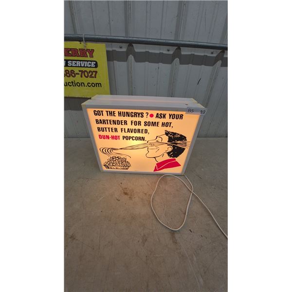 Vintage Dun-Hot Popcorn Lighted Advertising Bar Sign, "Got the Hungrys?", 1950s-1960s. 12”×16”