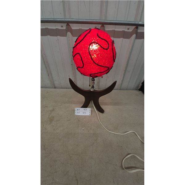 Vintage Mid-Century Modern Red Spaghetti Spherical Shade Table Lamp with Wood Tripod Base
