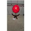 Image 1 : Vintage Mid-Century Modern Red Spaghetti Spherical Shade Table Lamp with Wood Tripod Base