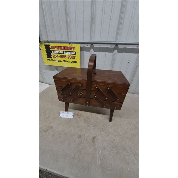Vintage Wooden Cantilever Accordion Sewing Box with Carrying Handle and Legs