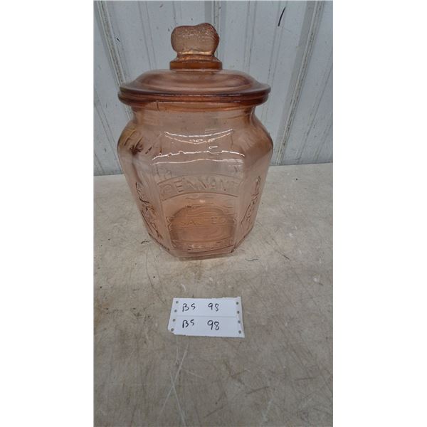 Vintage Planters Pennant Salted Peanuts Pink Depression Glass Jar with Peanut Finial Lid