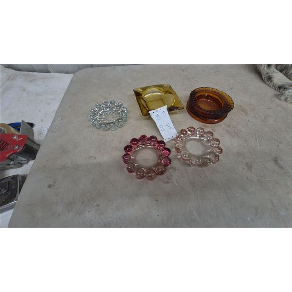 Vintage Glass Ashtrays Including Bubble Design, Square Amber, and Ribbed Round