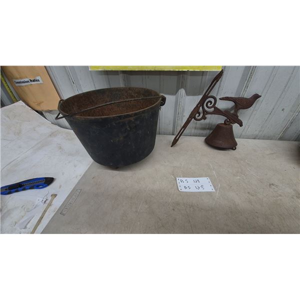 Antique Cast Iron Cauldron with Wire Bail Handle and Cast Iron Bird Mounted Bell