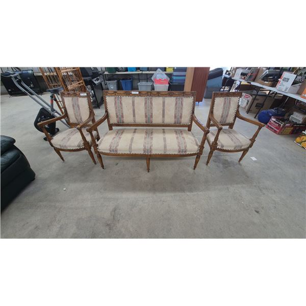Antique French Neoclassical Carved Wood Parlor Set, Settee 54” and Two Armchairs, Striped