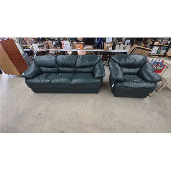 Dark Green Leather Three-Seater Sofa 84” and Matching Overstuffed Armchair Set