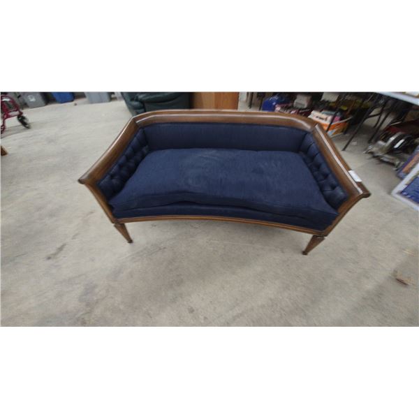 Vintage Mid-Century Neoclassical Style Curved Settee with Navy Blue Button-Tufted Upholstery. 56”