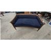 Image 1 : Vintage Mid-Century Neoclassical Style Curved Settee with Navy Blue Button-Tufted Upholstery. 56”