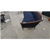 Image 3 : Vintage Mid-Century Neoclassical Style Curved Settee with Navy Blue Button-Tufted Upholstery. 56”