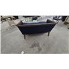 Image 4 : Vintage Mid-Century Neoclassical Style Curved Settee with Navy Blue Button-Tufted Upholstery. 56”