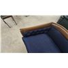 Image 5 : Vintage Mid-Century Neoclassical Style Curved Settee with Navy Blue Button-Tufted Upholstery. 56”