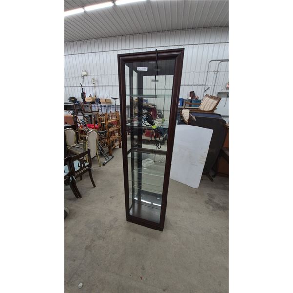Tall Dark Wood Lighted Curio Display Cabinet with Glass Sides and Shelves