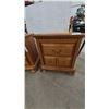 Image 2 : Pair of Oak Nightstands With Dentil Molding, Two Drawers, and Brass Hardware. 25”×24”×16”