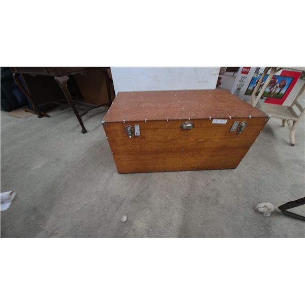 Wooden Storage Trunk With Metal Corner Protectors, Latches, and Side Carrying Handles. 15”×40”×23”