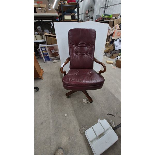 Traditional Executive Office Chair with Burgundy Tufted Leather and Wooden Arms