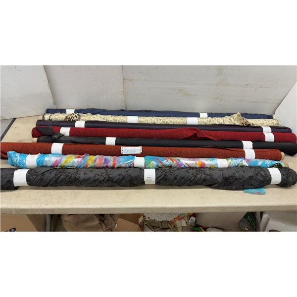 Assorted Fabric Rolls Including 100% Polyester, Silk-Content, Leopard Print and Abstract Designs