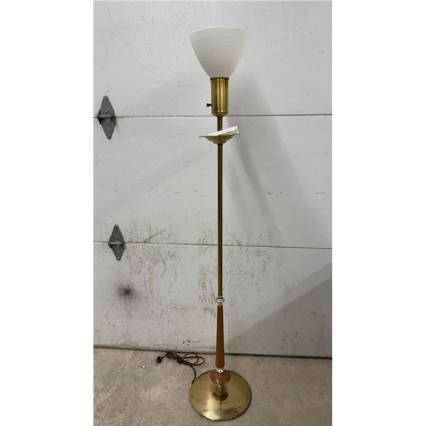 Mid-Century Modern Torchère Floor Lamp With Brass, Wood, and Milk Glass Shade, circa 1950s-60s