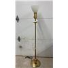 Image 1 : Mid-Century Modern Torchère Floor Lamp With Brass, Wood, and Milk Glass Shade, circa 1950s-60s