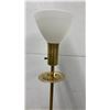 Image 4 : Mid-Century Modern Torchère Floor Lamp With Brass, Wood, and Milk Glass Shade, circa 1950s-60s