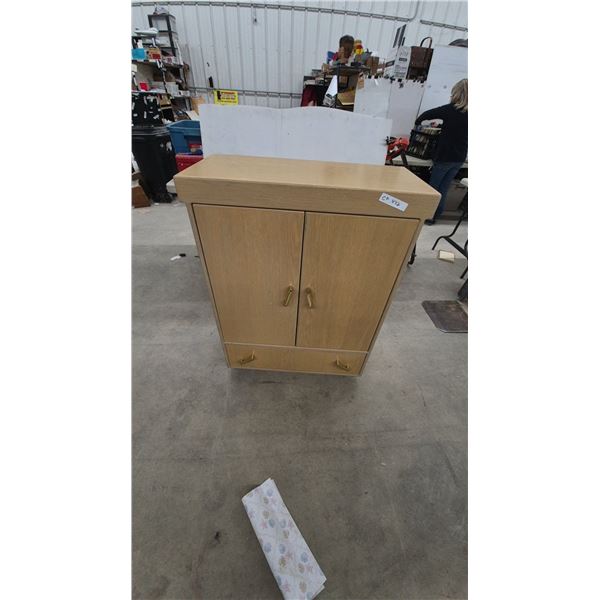 Mid-Century Modern Light Oak Cabinet with Two Doors, Lower Drawer, and Brass Pulls 41”×31”×15”