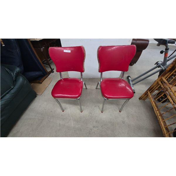 Pair of Vintage 1950s-1960s Retro Diner-Style Chairs With Red Vinyl Upholstery and Chrome Frames
