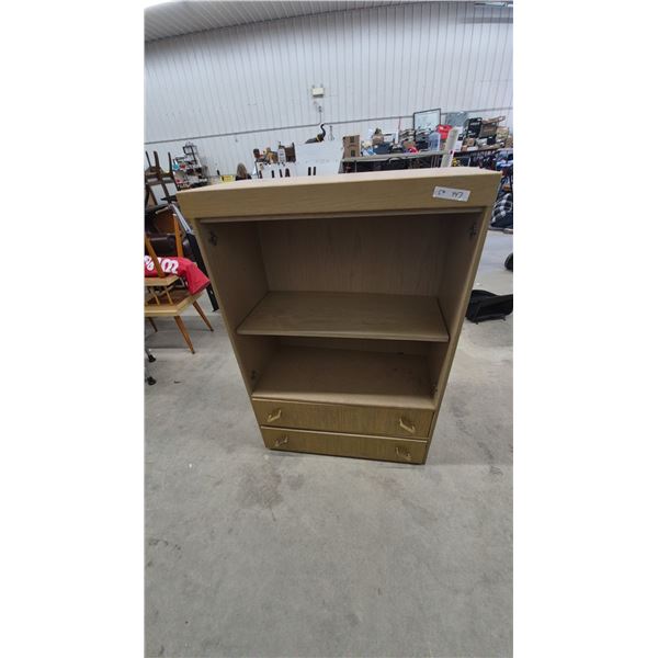 Light Wood-Look Storage Cabinet with Two Open Shelves and Two Lower Drawers. 52”×36”×15”
