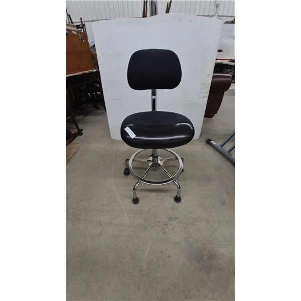 Adjustable Black Upholstered and Chrome Rolling Stool with Backrest and Footrest