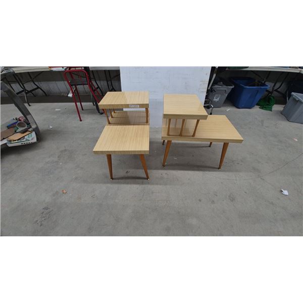 Pair of Mid-Century Modern Two-Tier Step End Tables, Light Wood-Grain Laminate, Tapered Legs