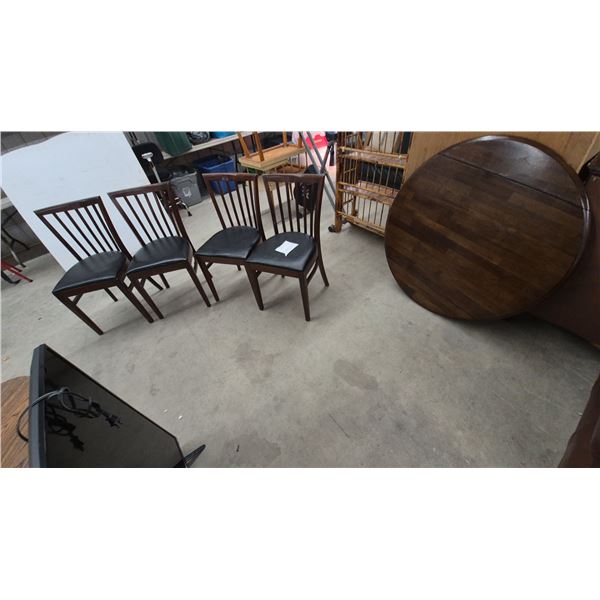 Dark-Stained Wooden Dining Set with Round Drop-Leaf Table 42” diameter 30” tall and Four Slat-Back