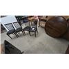 Image 1 : Dark-Stained Wooden Dining Set with Round Drop-Leaf Table 42” diameter 30” tall and Four Slat-Back