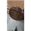 Image 2 : Dark-Stained Wooden Dining Set with Round Drop-Leaf Table 42” diameter 30” tall and Four Slat-Back