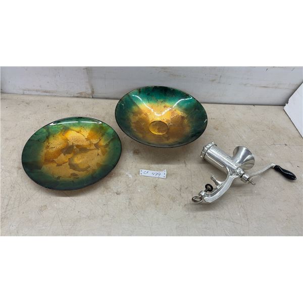 Alexanderwerk No. 10 Hand-Crank Meat Grinder and Iridescent Green and Gold Glass Bowl and Plate