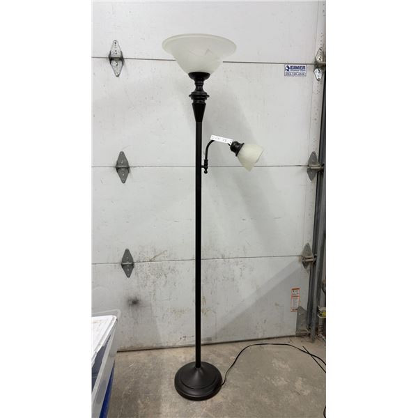Two-Light Torchiere Floor Lamp with Adjustable Reading Light, Dark Bronze Finish, Frosted Shades