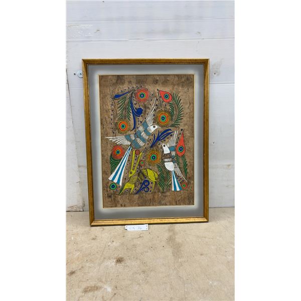 Framed Mexican Folk Art Painting with Birds and Rabbit, Gold Frame, 31 × 23”