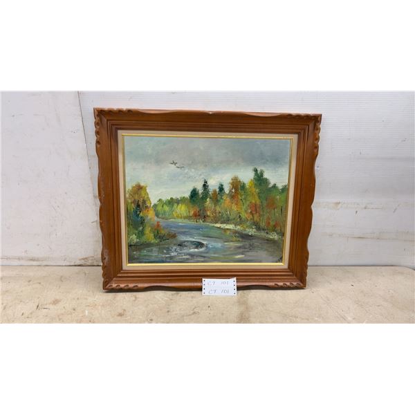 Framed Autumn Landscape Oil Painting with River and Birds in Carved Wooden Frame, 22 × 25”