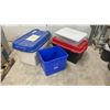 Image 1 : Assorted Plastic Storage Totes and Blue Recycling Bin, Including Gracious Living 34.8 Gallon