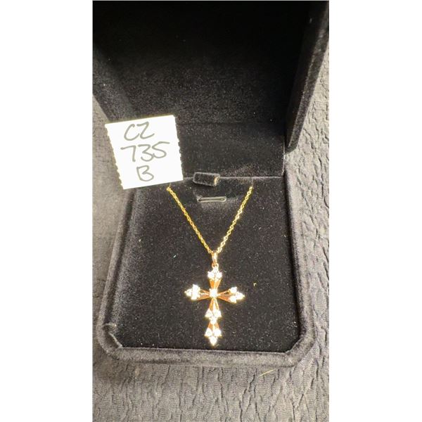 18K Gold Plated 32.0mm Simulated Diamond Cross Necklace, 18” Long