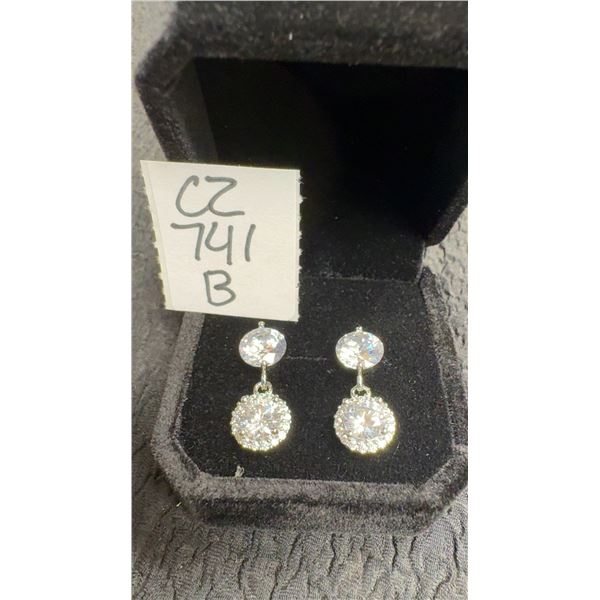 925S 2.0ct + 0.8ct Each Simulated Diamond Halo Dangle Earrings with White Gold Overlay