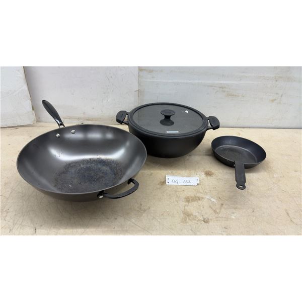 Tramontina Covered Cast Pot with Glass Lid, Carbon Steel Wok, and Frying Pan