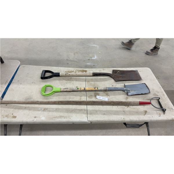 Square-Point Digging Shovel, D-Handle Round-Point Shovel, and Long-Handled Stirrup Hoe