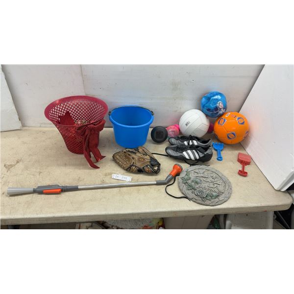 Garden Hose Watering Wand, Baseball Glove, Soccer Cleats Size 9.5, Balls, Buckets